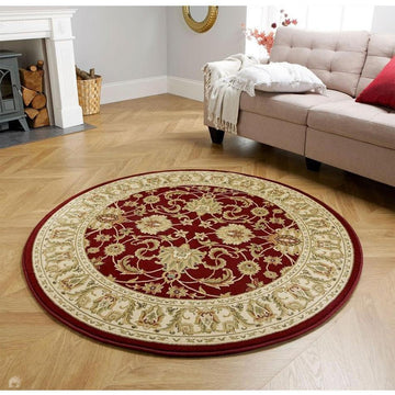 Kendra 45 M Traditional Persian Classic Floral Vine Bordered Durable Easy-Care Low Profile Short Pile Red Round Rug-Melrose-Rug Love - The Most Loved Rug Store